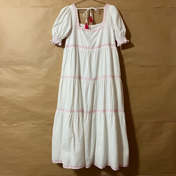 Oak Meadow | Poema Dress Embroidered Tiered Maxi Dress White Pink Size XS - Picture 14 of 16